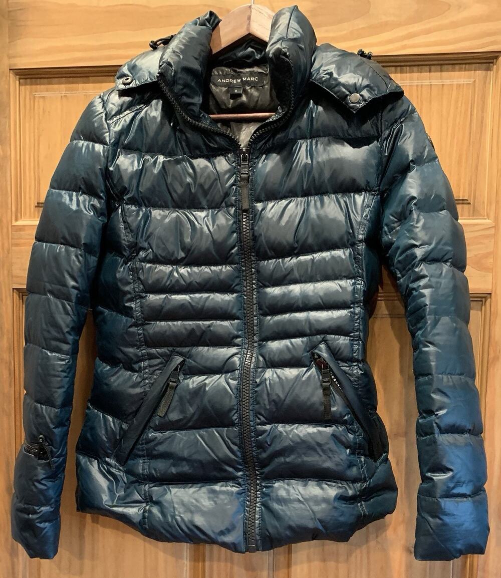 Andrew Marc Women's Shiny Teal Blue Down Puffer Jacket 650 Fill Power Hooded S